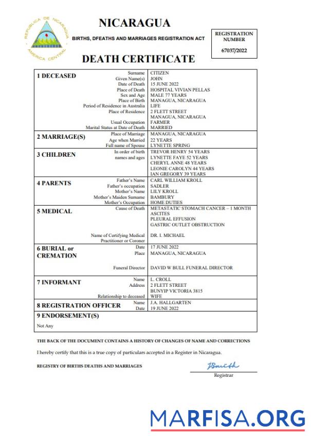 Printable Nicaragua vital record death certificate Word and PDF template
